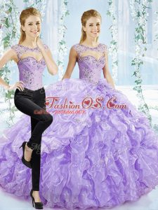 Lavender Sleeveless Organza Brush Train Lace Up Sweet 16 Dresses for Sweet 16 and Quinceanera