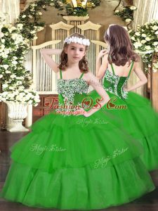 Green Sleeveless Floor Length Appliques and Ruffled Layers Lace Up Pageant Dress for Girls