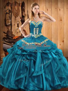Teal Sleeveless Embroidery and Ruffles Floor Length 15th Birthday Dress