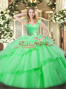 Green Ball Gown Prom Dress Military Ball and Sweet 16 and Quinceanera with Ruffled Layers V-neck Sleeveless Zipper