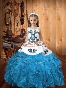 Elegant Blue Ball Gowns Straps Sleeveless Organza Floor Length Lace Up Embroidery and Ruffles Kids Pageant Dress
