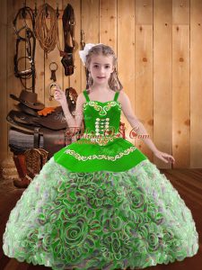 New Style Multi-color Fabric With Rolling Flowers Lace Up Straps Sleeveless Floor Length High School Pageant Dress Embroidery and Ruffles