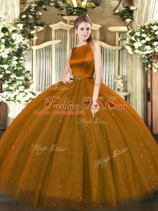 Cheap Floor Length Clasp Handle Ball Gown Prom Dress Brown for Military Ball and Sweet 16 and Quinceanera with Belt