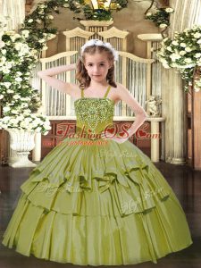 Organza Straps Sleeveless Lace Up Beading and Ruffled Layers Pageant Dresses in Olive Green