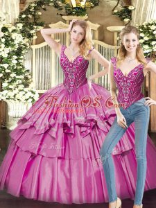 V-neck Sleeveless Organza Quinceanera Dresses Beading and Ruffled Layers Lace Up