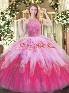 Multi-color Tulle Zipper Halter Top Sleeveless Floor Length Quince Ball Gowns Beading and Ruffles