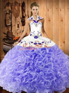 Beautiful Lavender Ball Gowns Fabric With Rolling Flowers Halter Top Sleeveless Embroidery Floor Length Lace Up 15th Birthday Dress