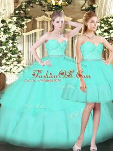 Modest Aqua Blue Ball Gowns Ruching Quinceanera Dresses Lace Up Tulle Sleeveless Floor Length