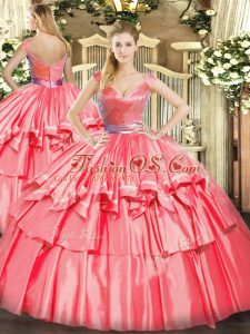 Sleeveless Tulle Floor Length Zipper 15 Quinceanera Dress in Hot Pink with Beading and Ruffled Layers