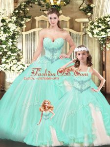 Unique Sleeveless Lace Floor Length Lace Up Ball Gown Prom Dress in Aqua Blue with Beading
