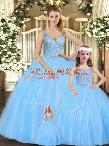 Low Price Turquoise Ball Gowns Beading Quinceanera Dresses Lace Up Tulle Sleeveless Floor Length