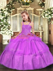 Floor Length Lilac Pageant Gowns For Girls Organza Sleeveless Beading and Ruffled Layers