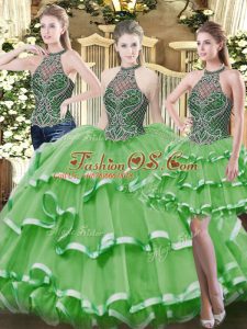Green Ball Gowns Beading and Ruffled Layers Vestidos de Quinceanera Lace Up Organza Sleeveless Floor Length