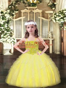 Yellow Ball Gowns Spaghetti Straps Sleeveless Organza Floor Length Lace Up Beading and Ruffles Pageant Gowns For Girls