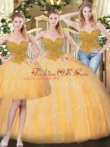 Hot Selling Beading and Ruffles Quinceanera Dresses Gold Lace Up Sleeveless Floor Length
