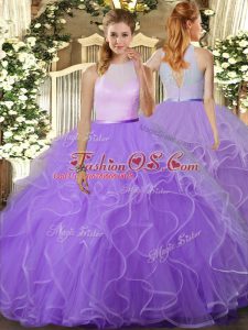 Flare Lavender Sleeveless Floor Length Beading and Ruffles Backless 15th Birthday Dress