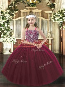 Inexpensive Burgundy Tulle Lace Up Straps Sleeveless Floor Length Kids Pageant Dress Beading