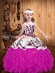 High End Sleeveless Floor Length Embroidery and Ruffles Lace Up Little Girls Pageant Gowns with Fuchsia
