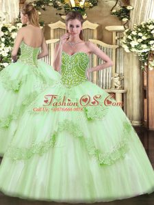 Sweetheart Sleeveless 15 Quinceanera Dress Floor Length Beading and Appliques Apple Green Tulle