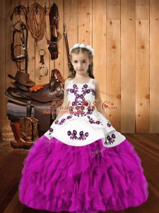 Straps Sleeveless Lace Up Kids Pageant Dress Fuchsia Organza