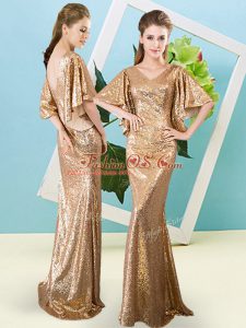 Gold Prom Evening Gown Prom and Party with Sequins V-neck Half Sleeves Zipper