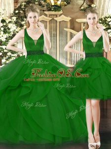 Green Lace Up Straps Beading and Ruffles Quince Ball Gowns Tulle Sleeveless