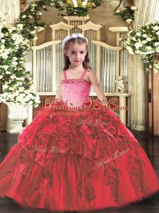 Top Selling Appliques and Ruffles Girls Pageant Dresses Red Lace Up Sleeveless Floor Length
