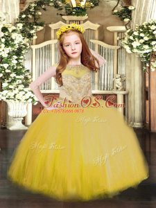 Inexpensive Scoop Sleeveless Zipper Little Girls Pageant Dress Gold Tulle