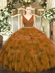 On Sale Floor Length Brown 15 Quinceanera Dress Tulle Sleeveless Beading and Ruffles