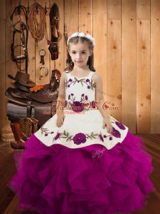 Purple Ball Gowns Tulle Straps Sleeveless Embroidery and Ruffles Floor Length Lace Up Kids Pageant Dress