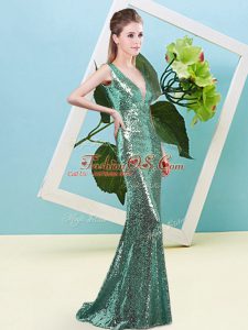 High Class V-neck Sleeveless Zipper Prom Dresses Turquoise Sequined
