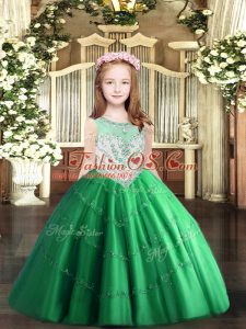 New Style Sleeveless Tulle Floor Length Zipper Pageant Gowns For Girls in Green with Beading and Appliques