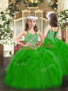 High Class Sleeveless Tulle Floor Length Lace Up Evening Gowns in Green with Beading and Ruffles