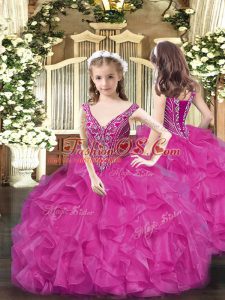 Beautiful Ball Gowns Little Girls Pageant Dress Wholesale Fuchsia V-neck Organza Sleeveless Floor Length Lace Up