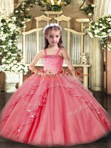 Sleeveless Organza Floor Length Lace Up Little Girls Pageant Dress in Watermelon Red with Appliques and Ruffles