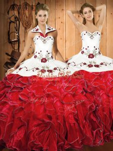 Ball Gowns Sweet 16 Dresses White And Red Halter Top Satin and Organza Sleeveless Floor Length Lace Up