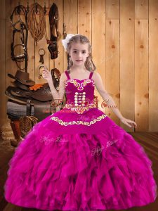 Perfect Floor Length Fuchsia Little Girl Pageant Gowns Straps Sleeveless Lace Up
