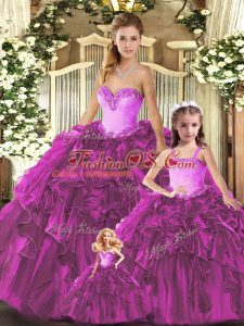 Fuchsia Organza Lace Up Sweetheart Sleeveless Floor Length Quinceanera Gowns Ruffles