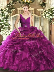 Stylish Fuchsia Ball Gowns Organza V-neck Sleeveless Beading and Ruffles Floor Length Backless Quinceanera Dresses