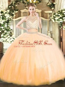 Romantic Scoop Sleeveless 15 Quinceanera Dress Floor Length Beading Gold Tulle