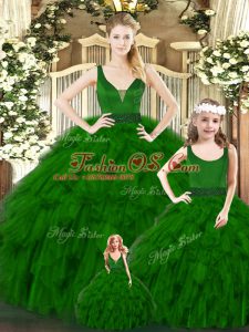 Affordable Green Zipper 15th Birthday Dress Ruffles Sleeveless Floor Length