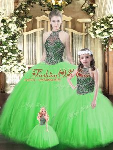Cute Floor Length Lace Up Ball Gown Prom Dress Green for Military Ball and Sweet 16 and Quinceanera with Beading