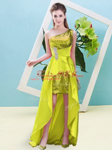 Yellow Elastic Woven Satin and Sequined Lace Up Homecoming Dress Sleeveless High Low Beading and Sequins