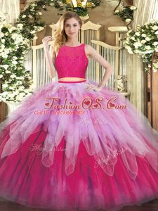 Lace and Ruffles Quince Ball Gowns Hot Pink Zipper Sleeveless Floor Length