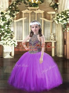 Floor Length Eggplant Purple Little Girls Pageant Dress Halter Top Sleeveless Lace Up