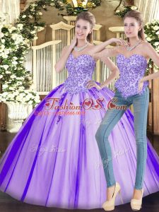 Unique Lavender Tulle Lace Up Sweet 16 Dress Sleeveless Floor Length Beading
