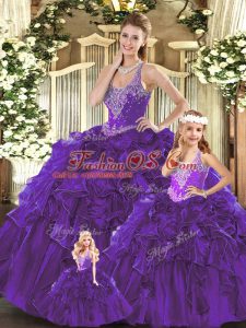 Flare Purple Straps Lace Up Beading and Ruffles Ball Gown Prom Dress Sleeveless