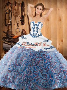 Strapless Sleeveless Sweep Train Lace Up Ball Gown Prom Dress Multi-color Satin and Fabric With Rolling Flowers
