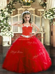 Red Ball Gowns Tulle Straps Sleeveless Appliques and Ruffles Floor Length Lace Up Pageant Dress for Teens