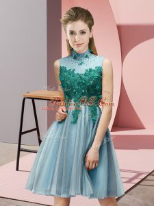 Romantic Aqua Blue Sleeveless Appliques Knee Length Bridesmaid Dresses